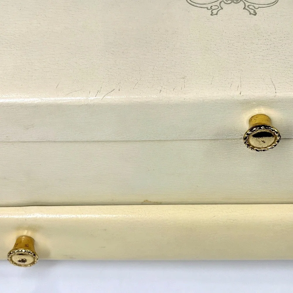 Vintage Jewelry Box Ivory Gold 3 Tier w/ Drawer Red Velvet Satin Lining 12x8